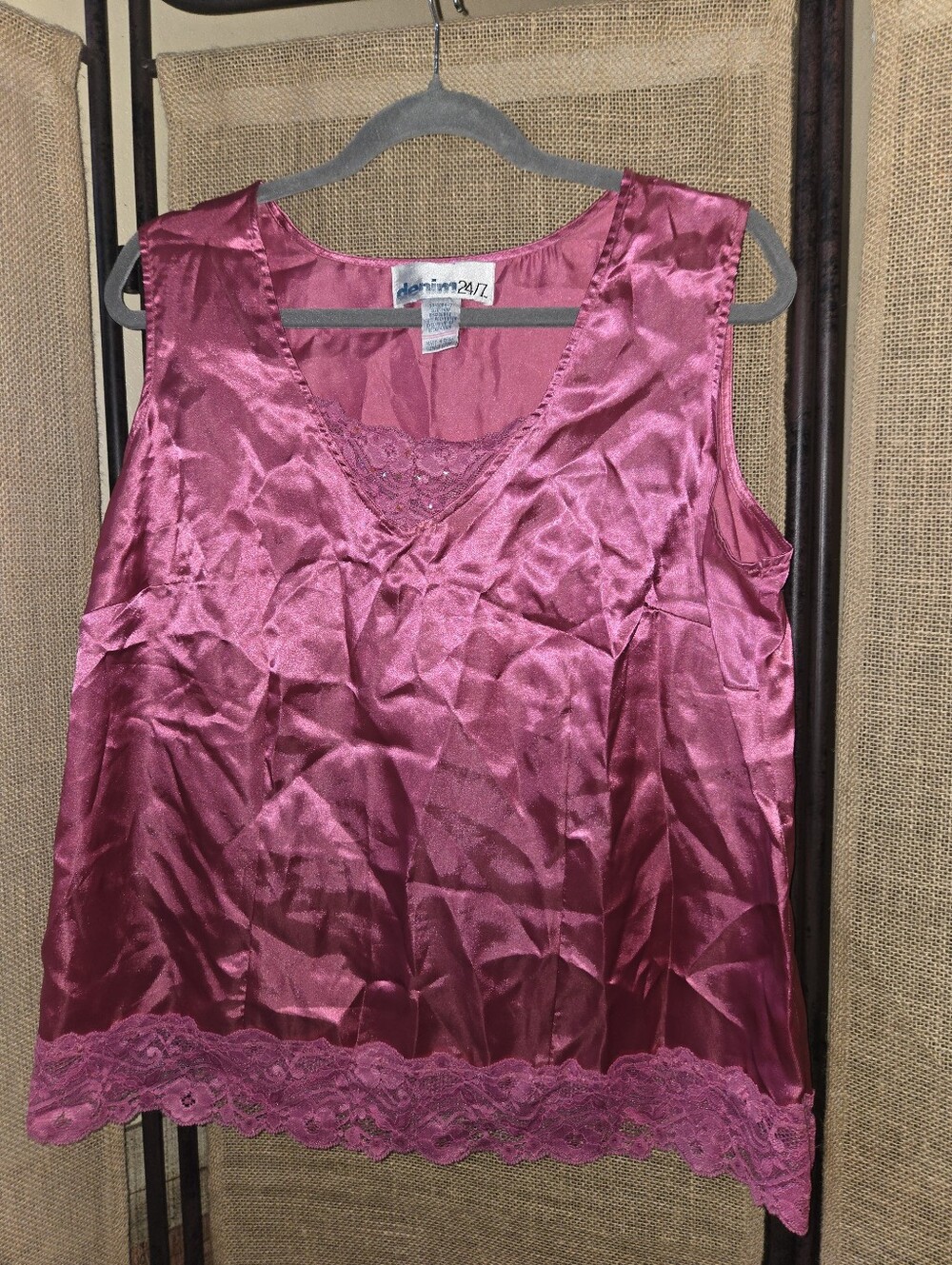 Denim 24/7 Satin Lace & Sequin Embellished Trim CamisoleTank Pink 14W
